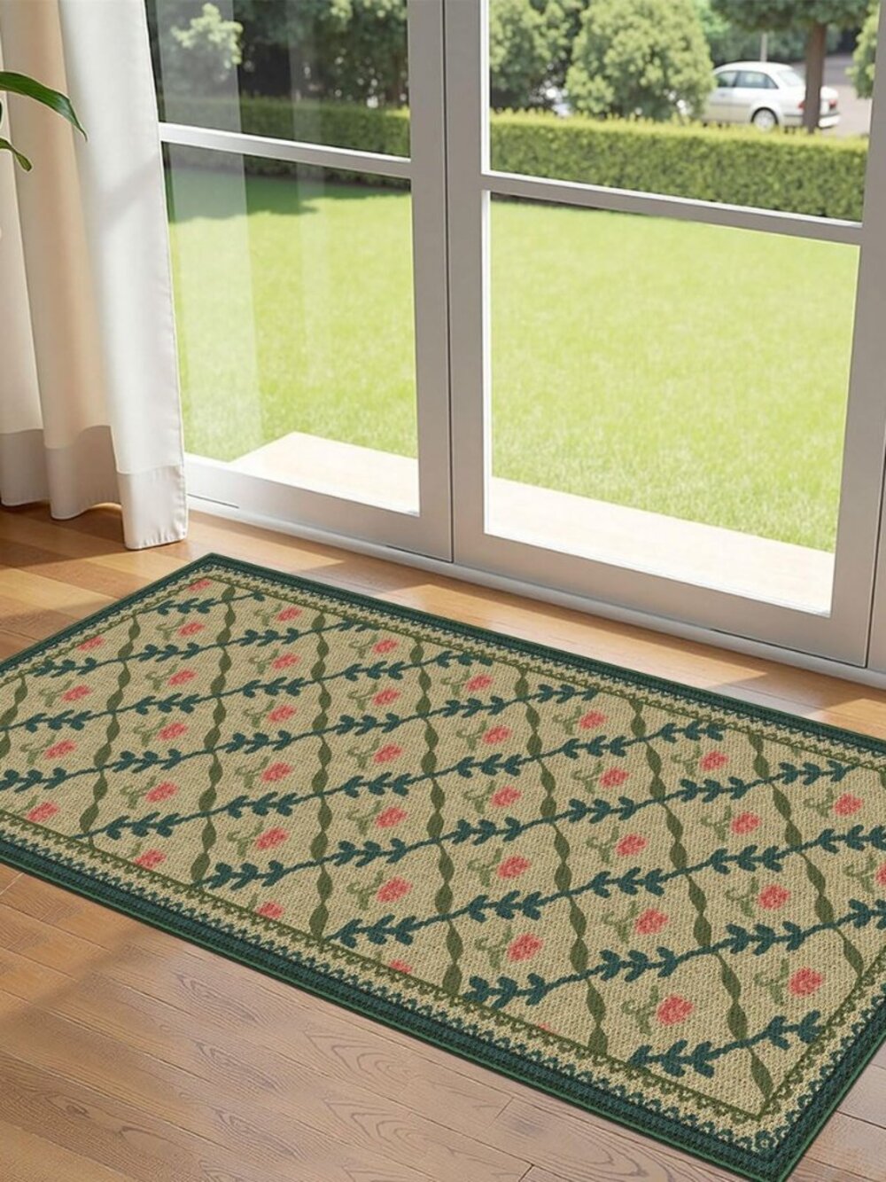 Front Door Mat Indoor Entrance - 2x4.3 Khaki Floral Trellis Rug